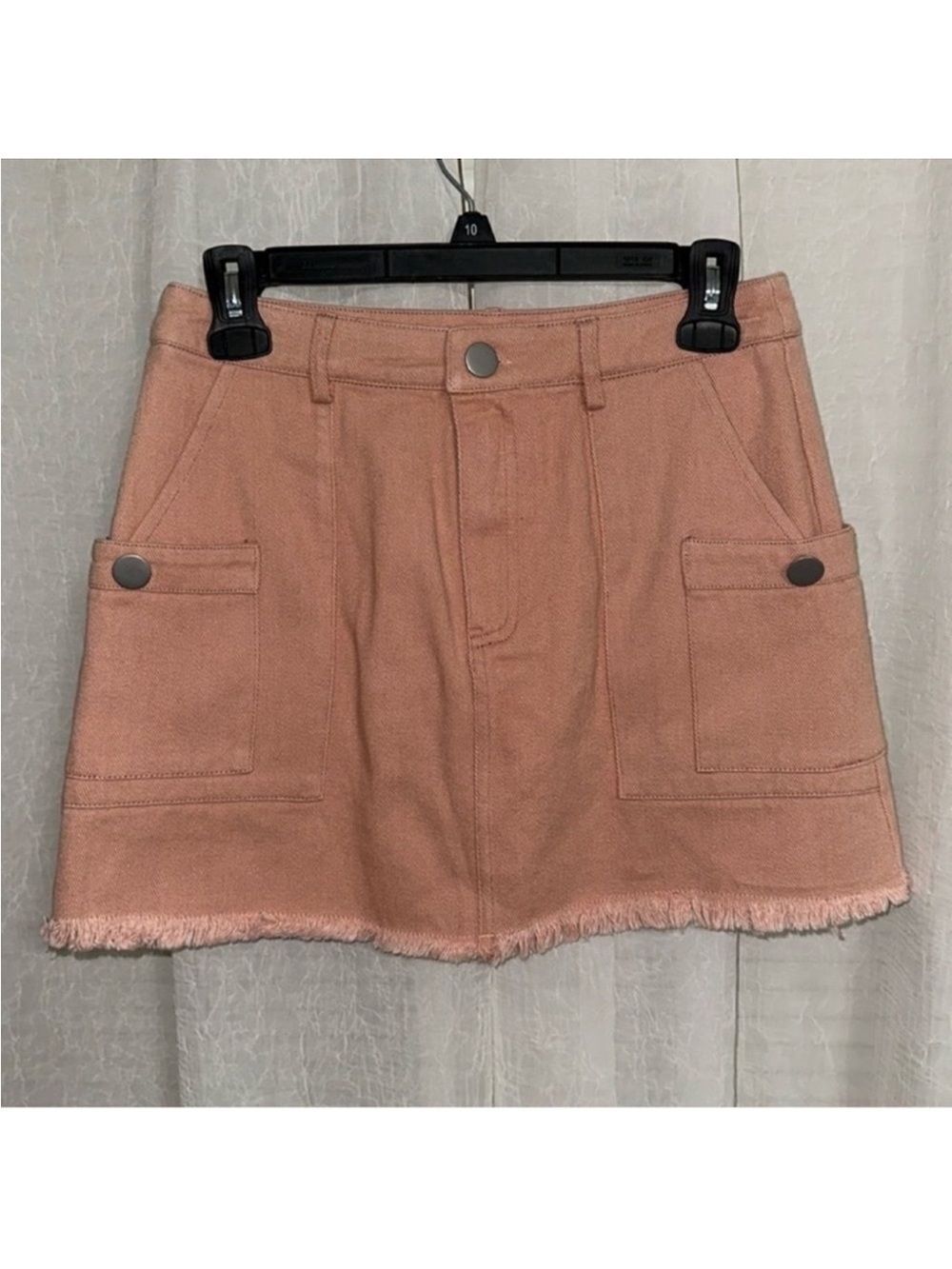 Very J S Blush Pink Peach Denim Mini Skirt with 4 Pockets Raw Fringe Hem
